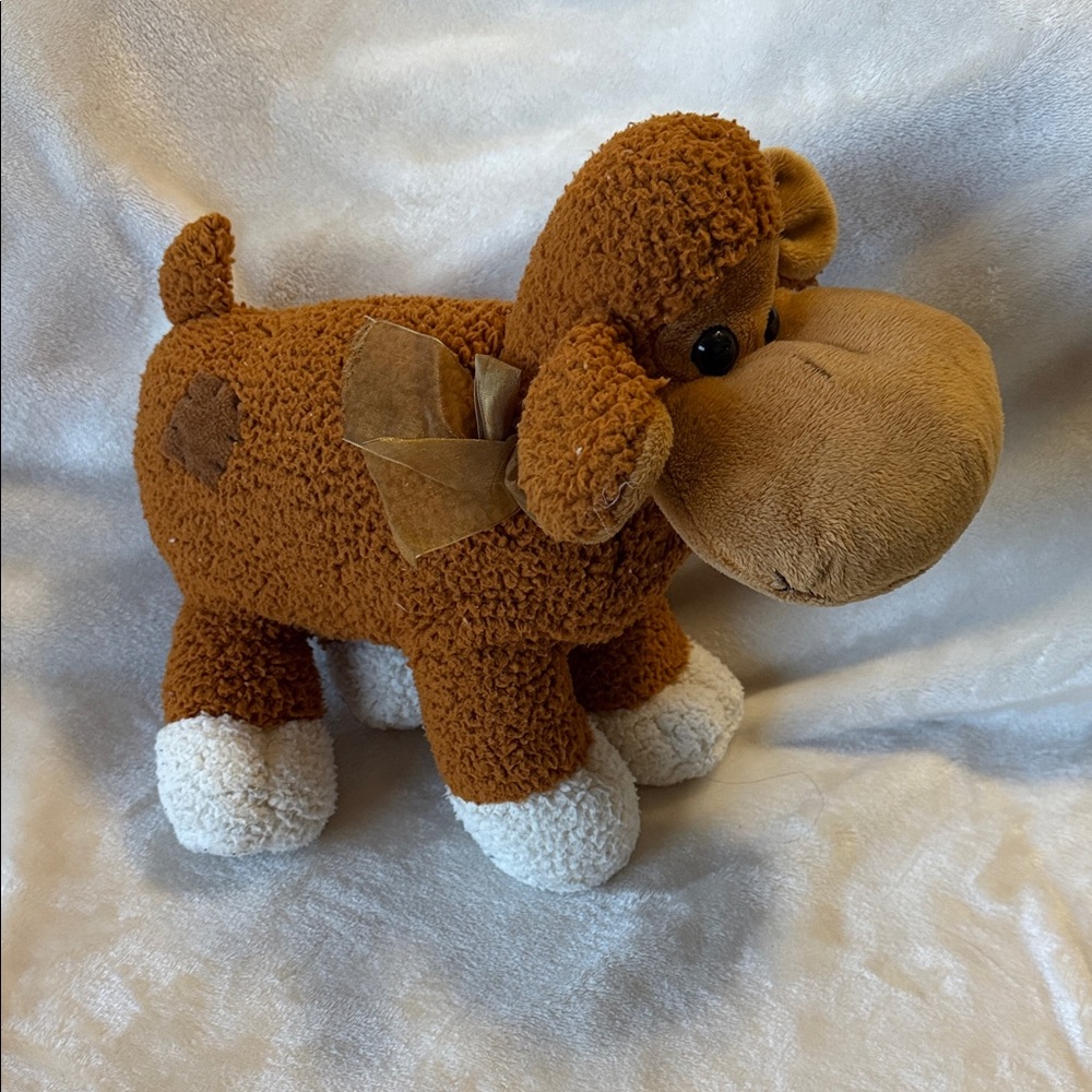 Brown cow yellow bow stuffed animal with white feet 12 "